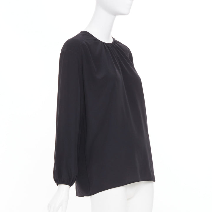 JOSEPH black gathered neck pleated long sleeve casual fluid silk blouse FR32 XXS