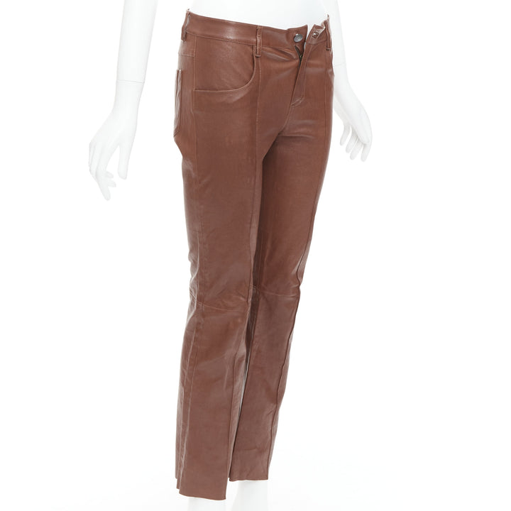 JITROIS brown genuine lambskin leather mid waist flare pants FR36 S