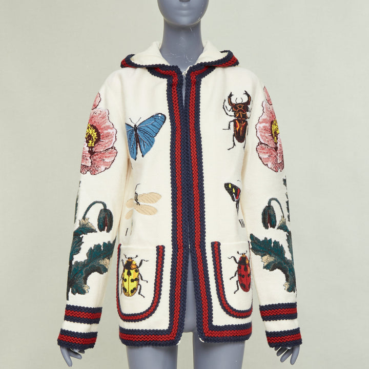 GUCCI Garden 2017 Runway white wool floral insect floral hood cardigan coat XXS