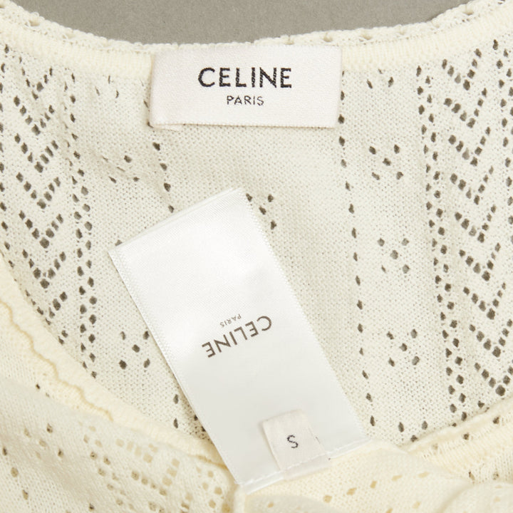 CELINE 2022 Triomphe Logo off white cotton pointelle knit cropped tank top S