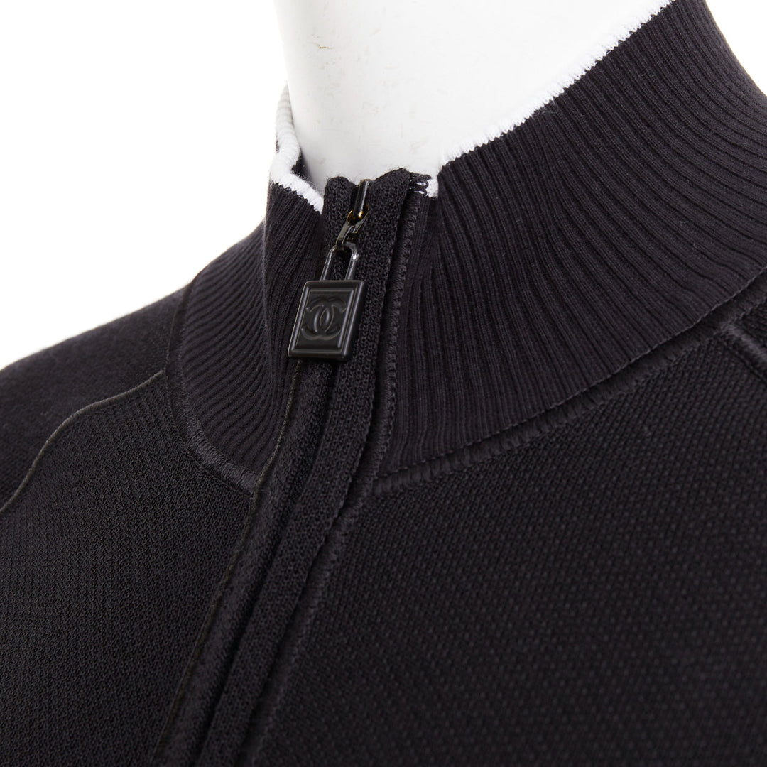 CHANEL SPORTS 09P black technical knit embroidered logo zip-up jacket FR40 L