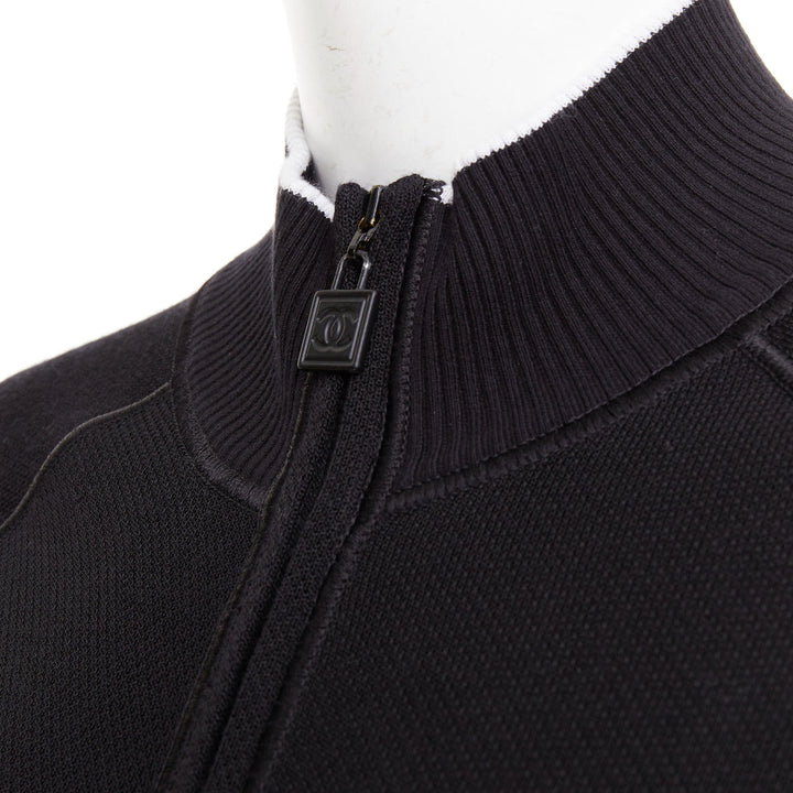 CHANEL SPORTS 09P black technical knit embroidered logo zip-up jacket FR40 L