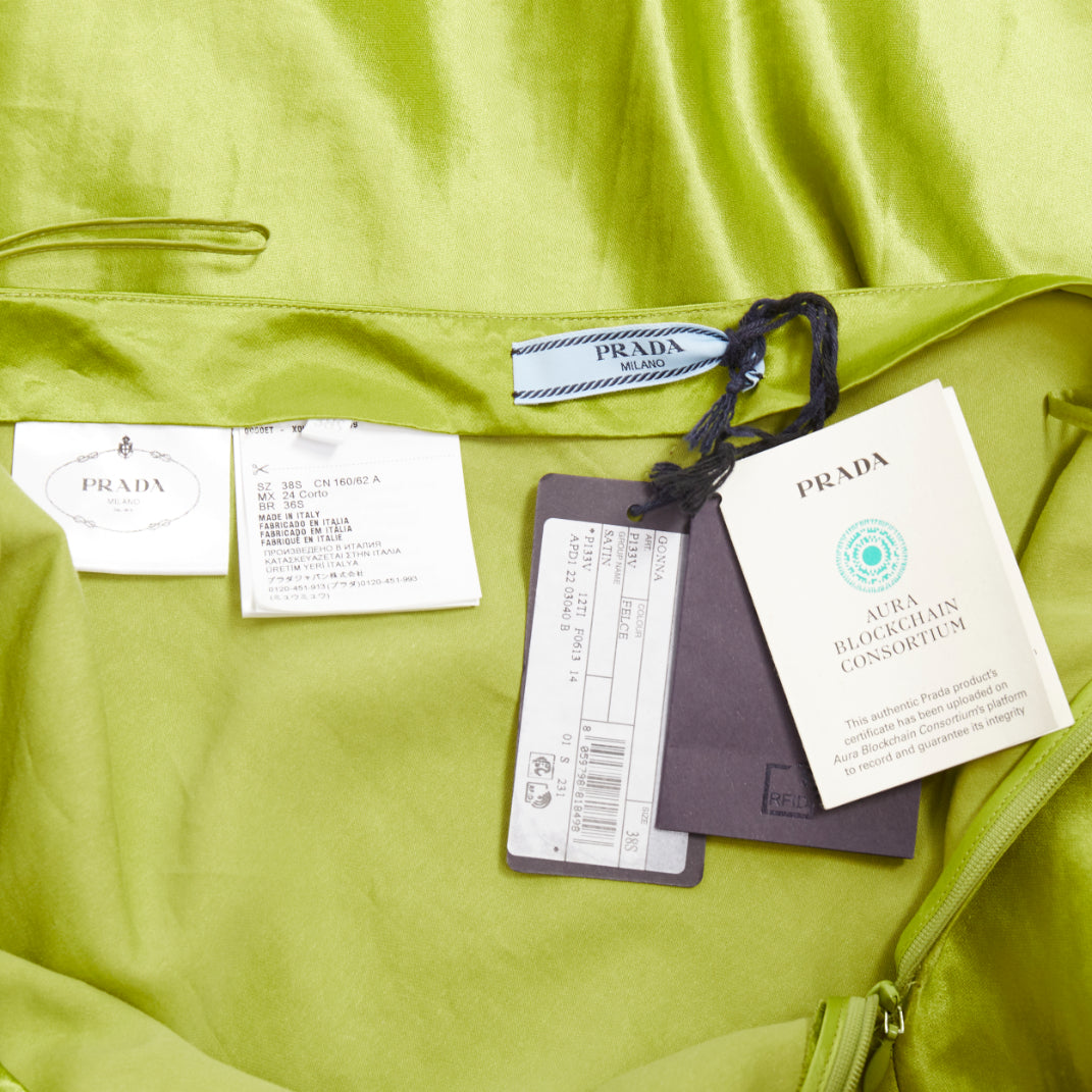 PRADA 2022 Runway fern green satin triangle logo trailing skirt IT38 XS