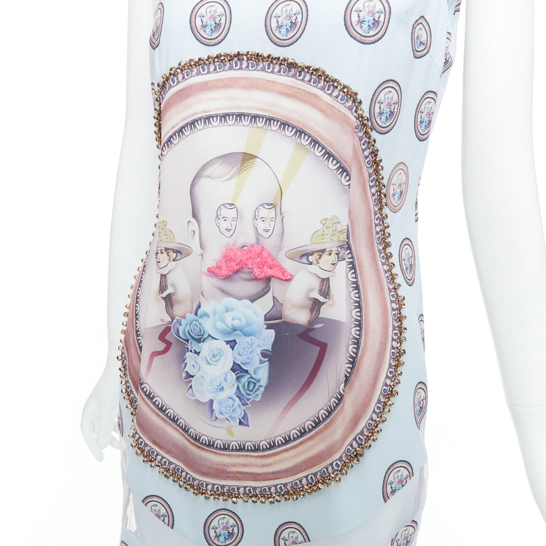 MSGM baby blue silk blend portrait print embellished shift dress L