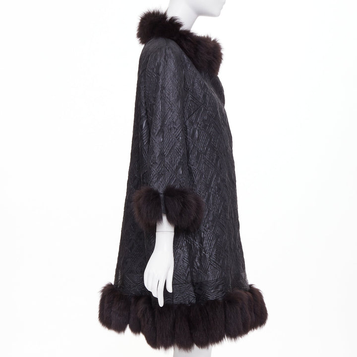 ADAM JONES 2004 black textured brocade real fur trim crystal buckle coat FR38 M