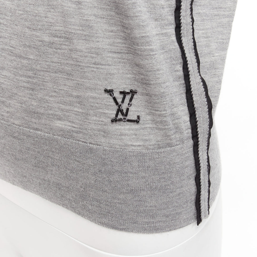 LOUIS VUITTON grey soft knit black beaded LV logo V neck pullover top