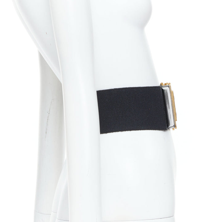 YVES SAINT LAURENT 2002 black patent leather elastic square buckle belt 65cm