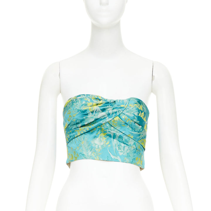 PRADA 2018 green yellow silk floral jacquard ruched corset bandeau top IT38 XS