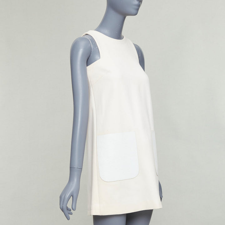 FENDI cream 100% wool leather patch pocket silk lined mini dress IT36 XXS
