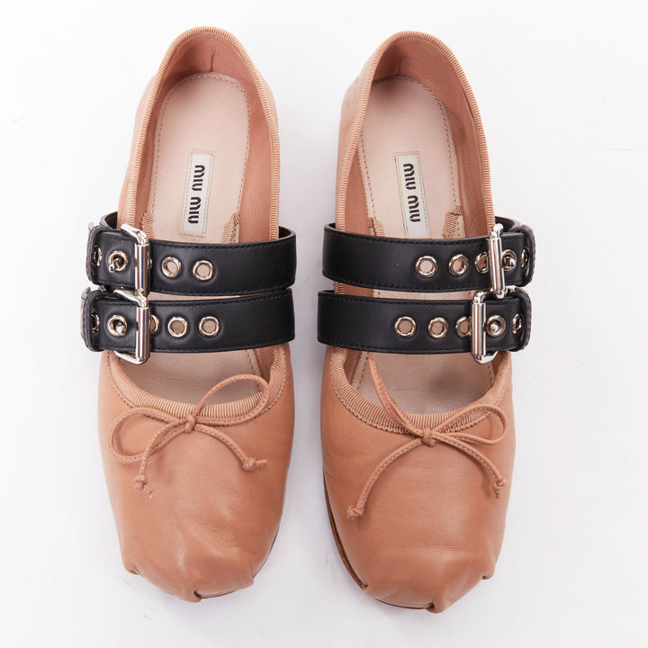 MIU MIU beige leather double black buckle punk strap ballet flats EU37.5