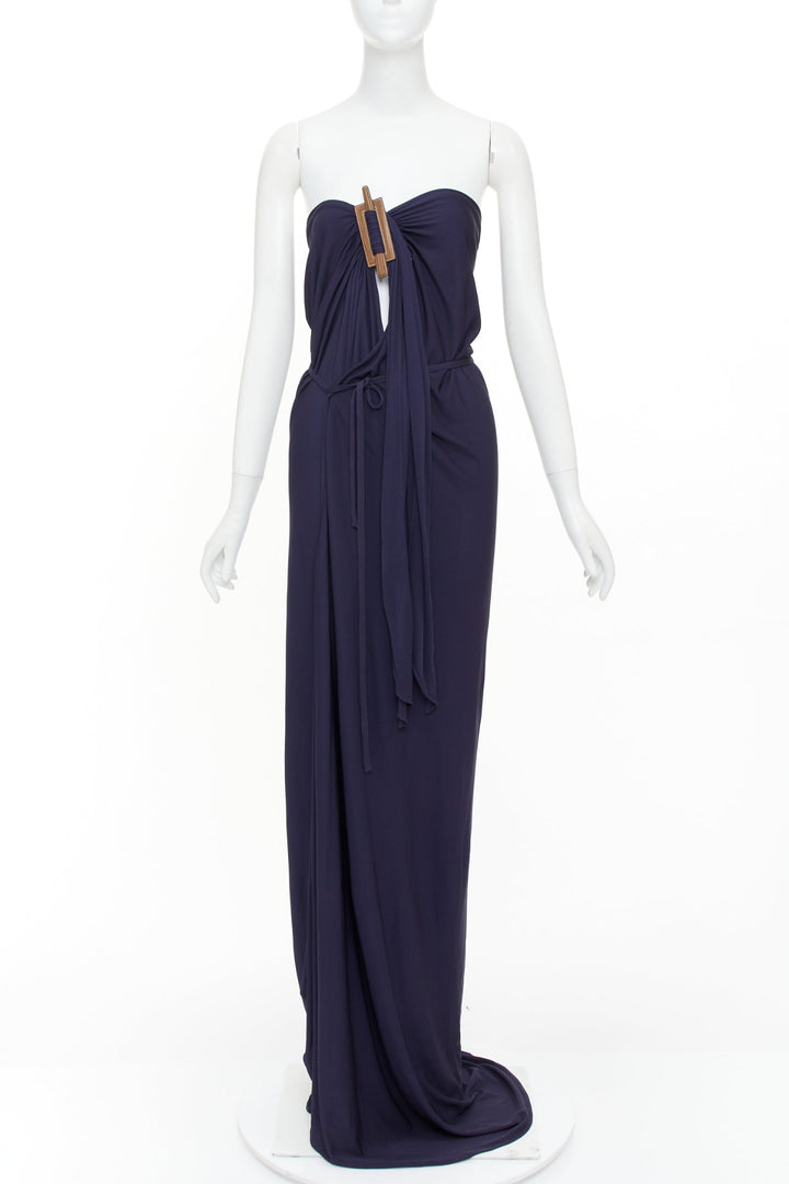HERMES 2014 leather hardware bust navy viscose strapless gown dress FR36 S