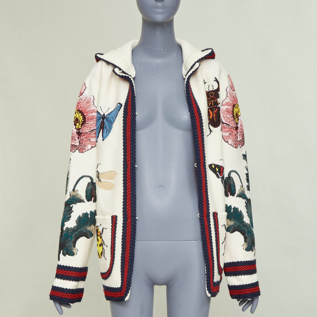 GUCCI Garden 2017 Runway white wool floral insect floral hood cardigan coat XXS