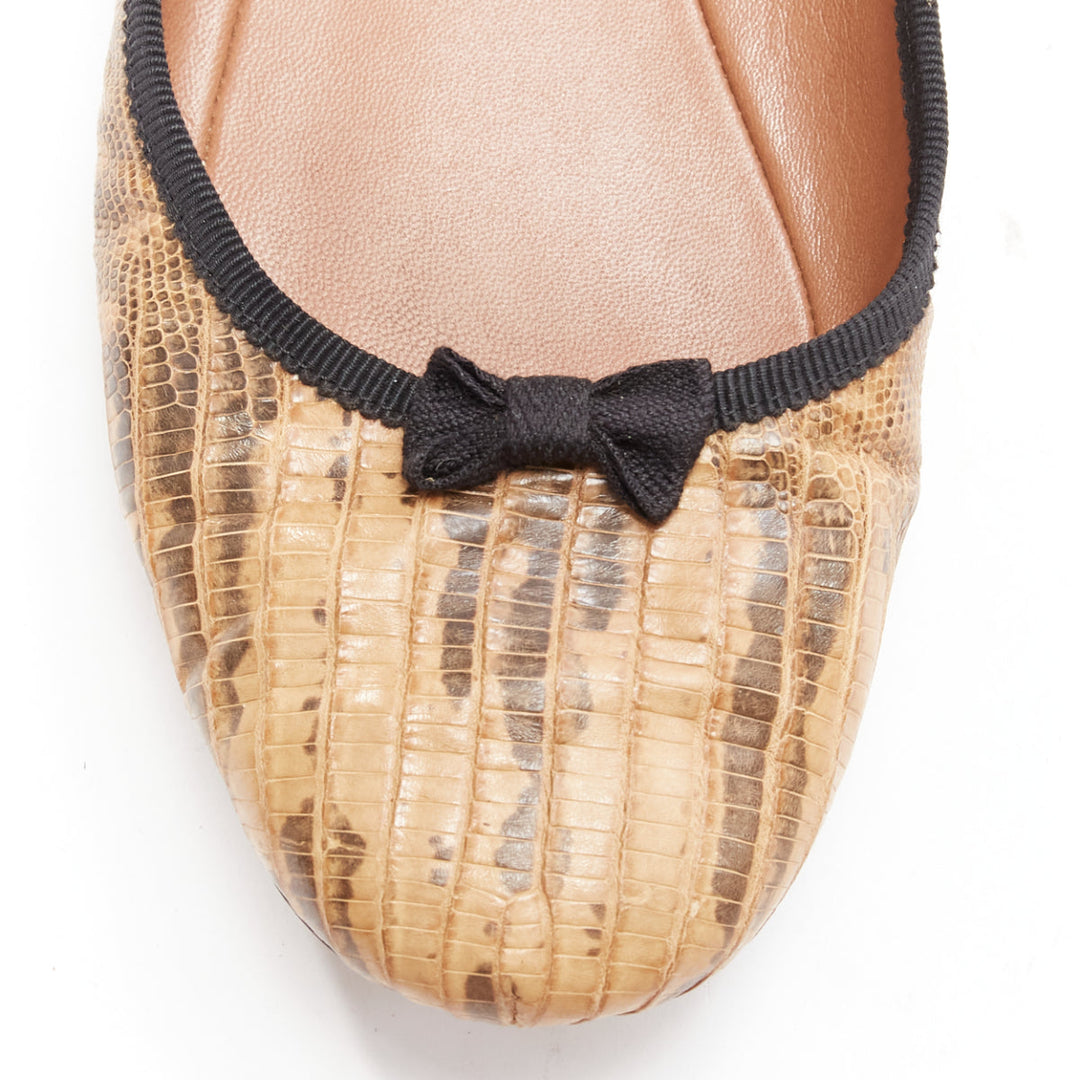 ALAIA brown scaled leather black bow trim ballerina flats shoes EU37