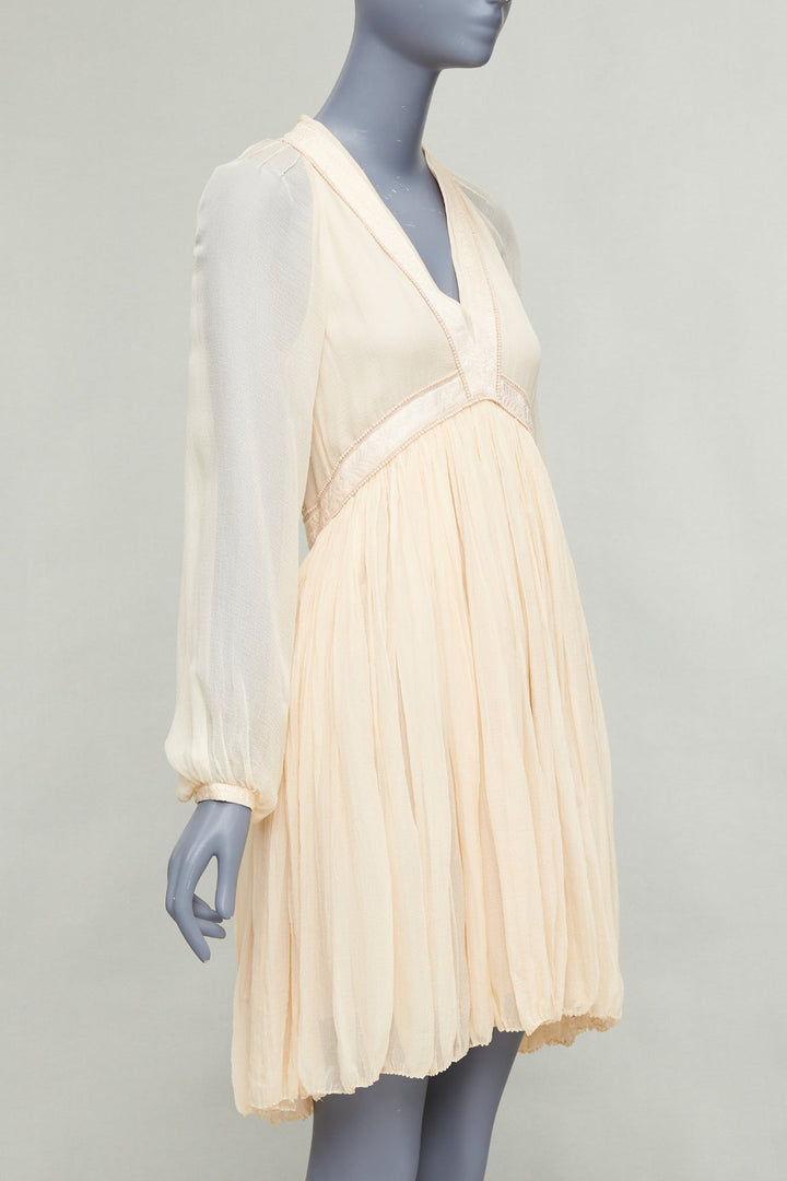CHLOE 100% pinky beige silk chiffon plunge pleated knee boho dress FR34 XS
