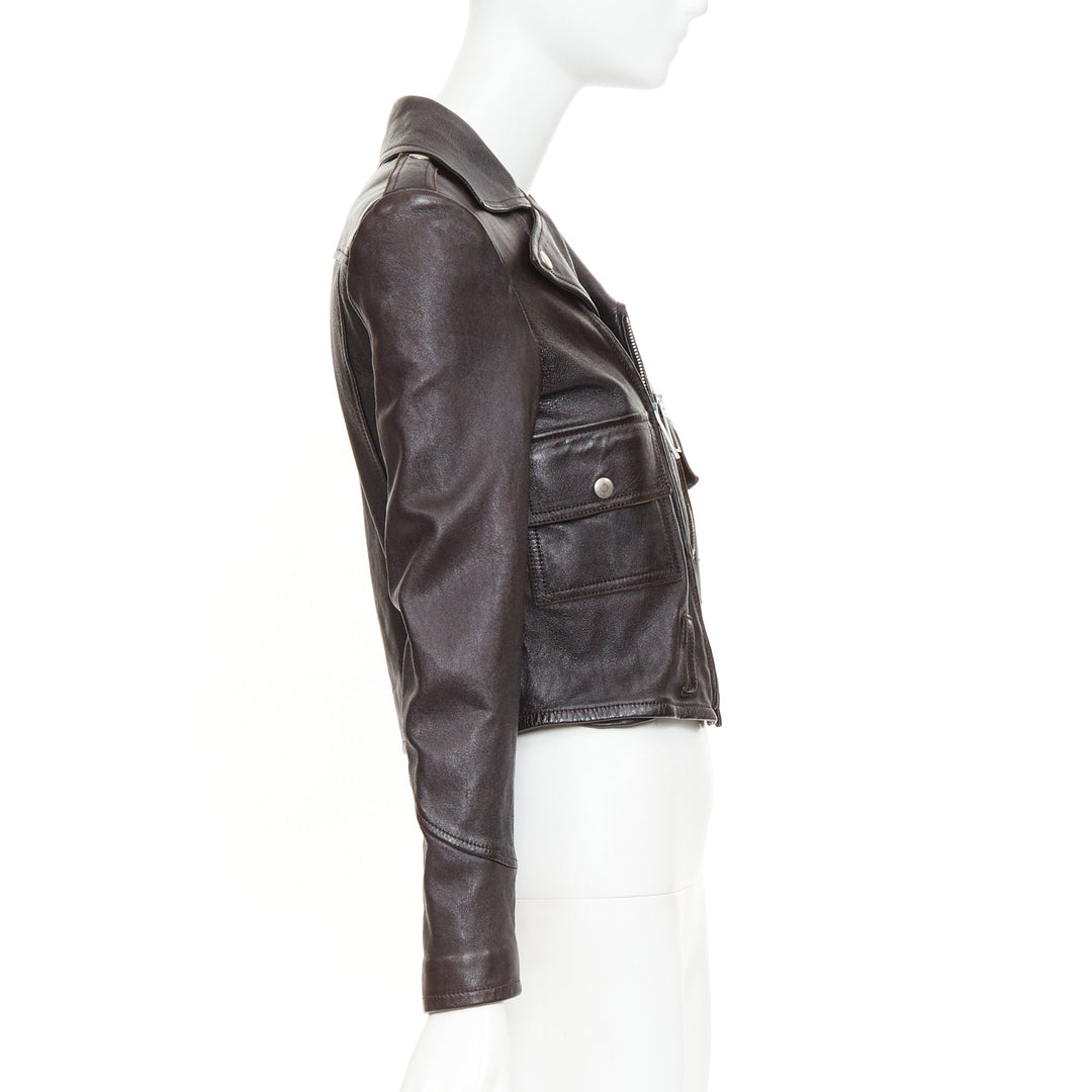 SAINT LAURENT 2016 black lambskin triangular zipper cropped biker jacket FR38