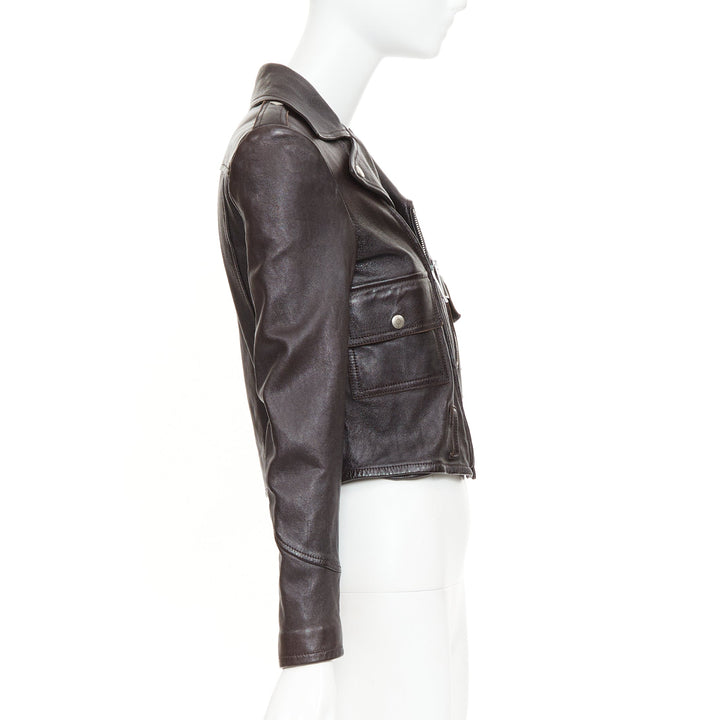 SAINT LAURENT 2016 black lambskin triangular zipper cropped biker jacket FR38