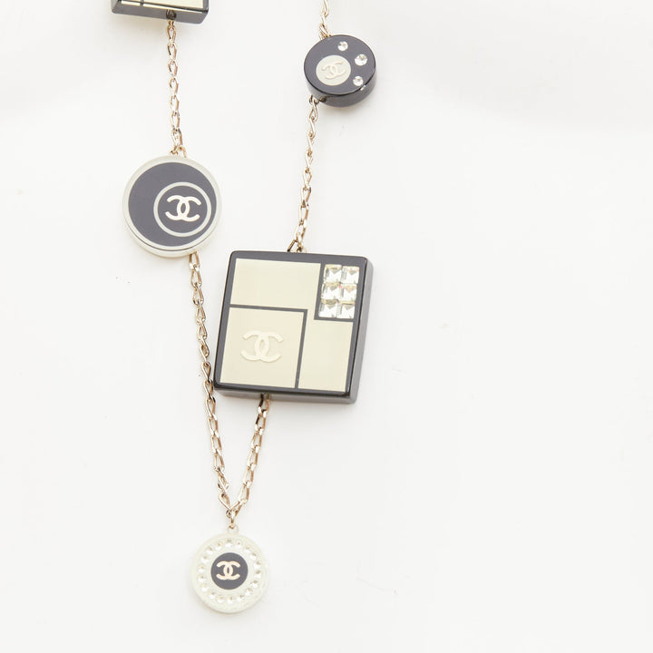 CHANEL 2008 08C black white geometric record resin charm station long necklace
