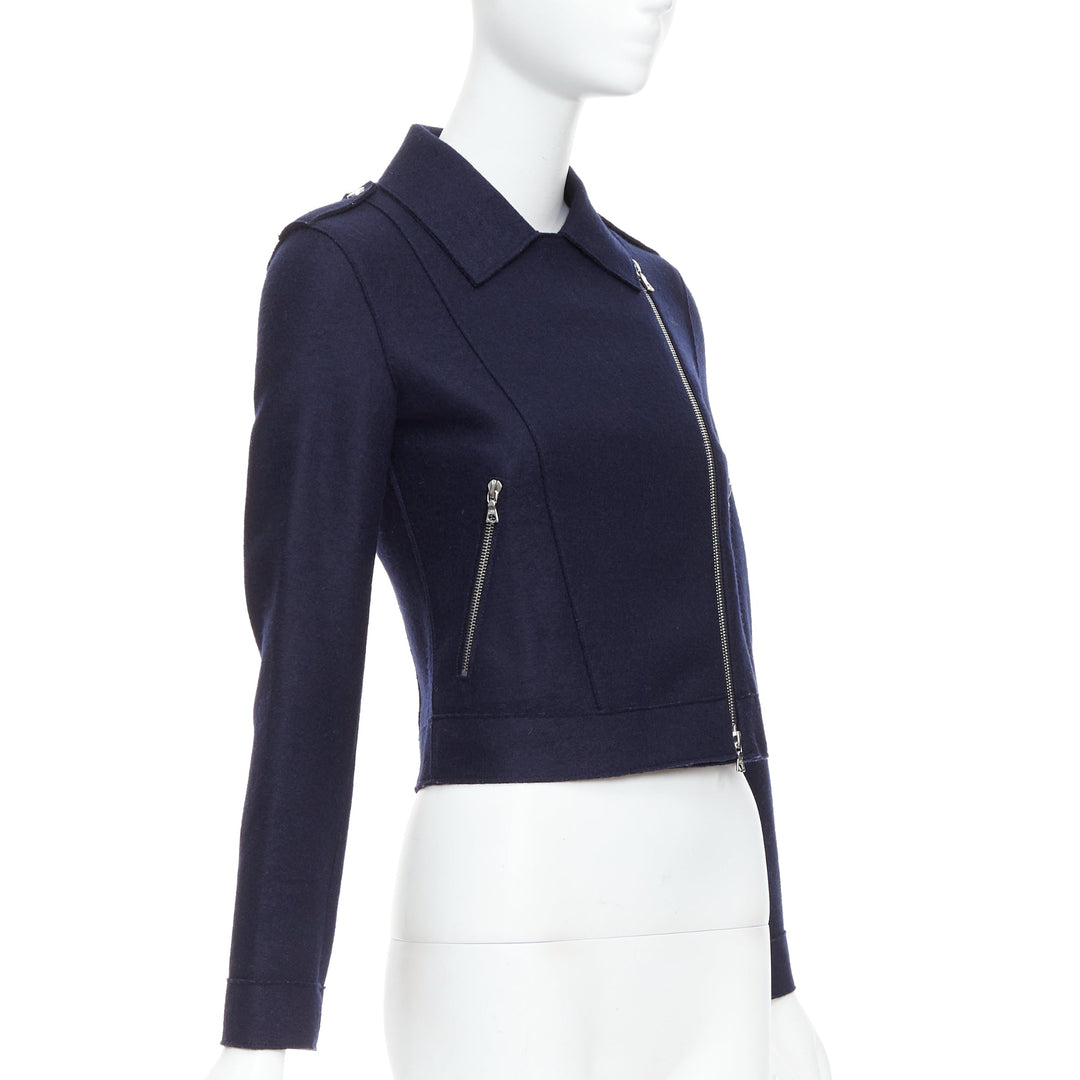 HARRIS WHARF LONDON navy virgin wool cropped biker jacket IT38 XS