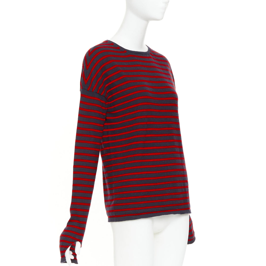 BARRIE 100% cashmere navy red fringe applique asymmetric striped sweater S