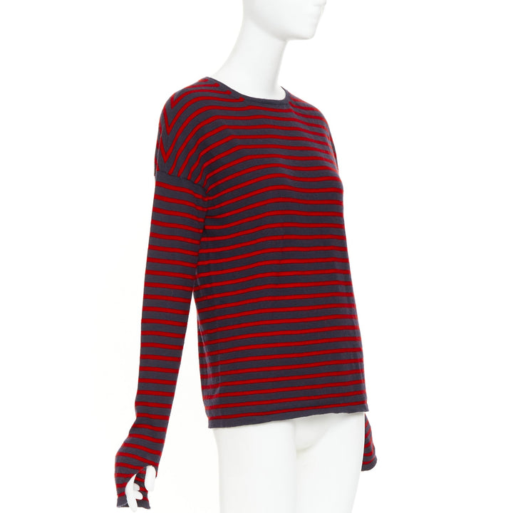 BARRIE 100% cashmere navy red fringe applique asymmetric striped sweater S