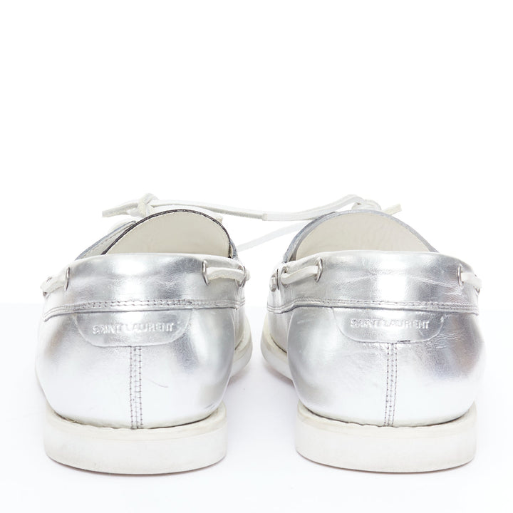 SAINT LAURENT silver metallic leather boat shoe loafers EU43