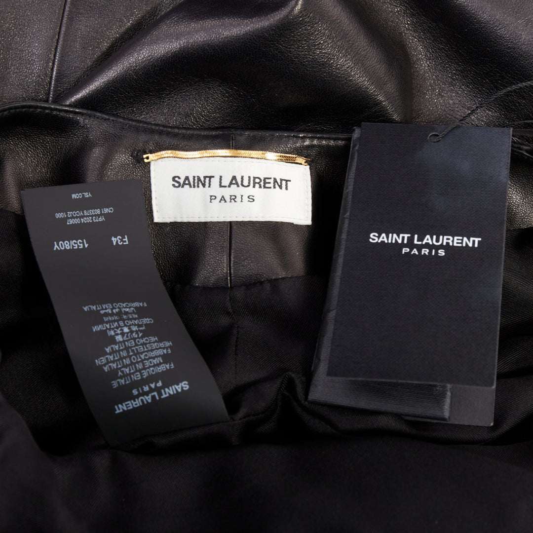 SAINT LAURENT 2024 black lambskin plunge low cut back slit slip gown FR34 XS