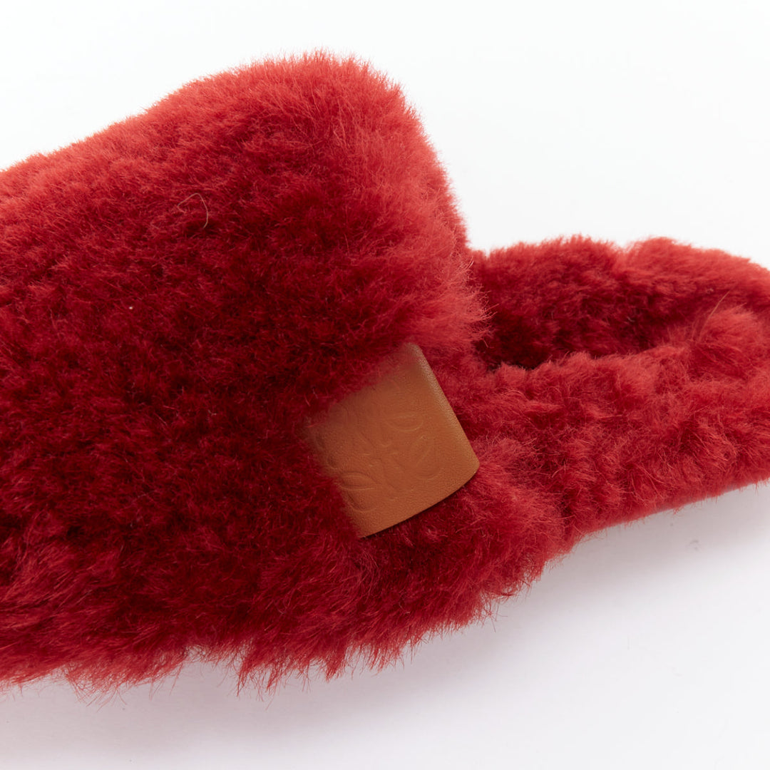 LOEWE red shearling brown anagram leather tag slipper mules EU37