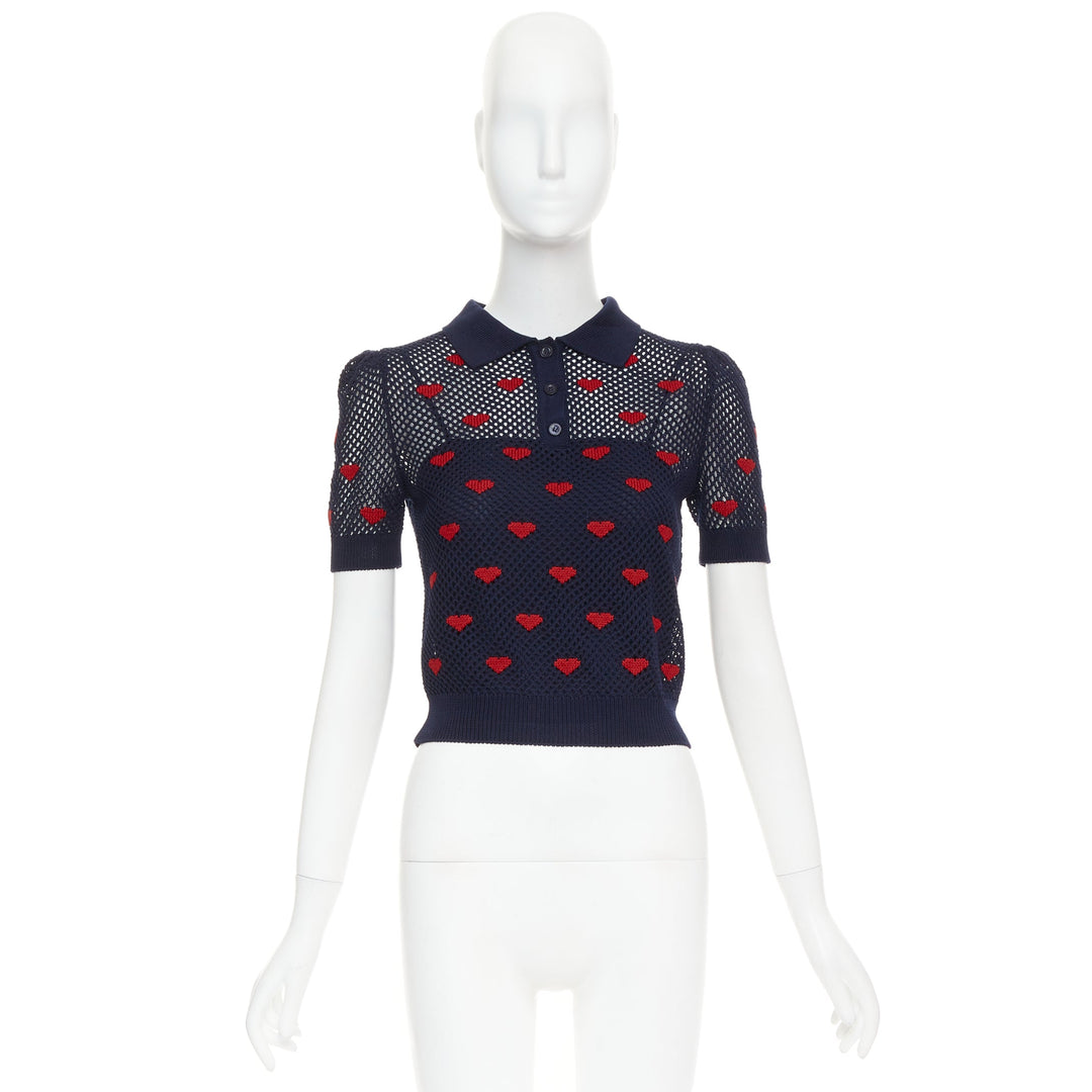 DIOR 520 Seris I Love Paris nav blue red heart knit polo shirt FR36 S