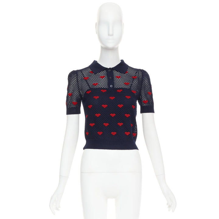 DIOR 520 Seris I Love Paris nav blue red heart knit polo shirt FR36 S