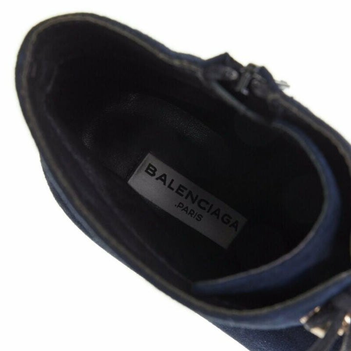 BALENCIAGA navy blue suede gold-tone stud lace up point toe bootie EU37 US7