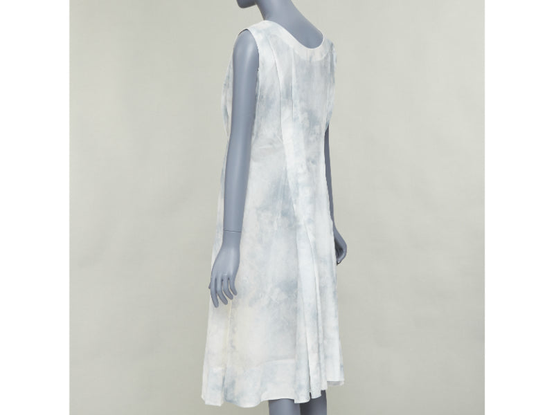 MARNI offwhite steel blue tie dye print cotton round neck layered dress IT36 XXS