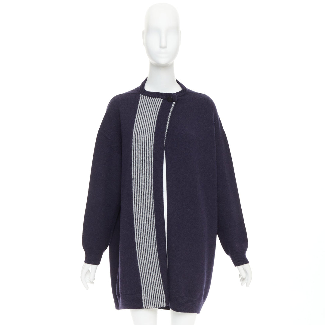HERMES navy virgin wool white striped oversized knitted cardigan sweater FR34 XS