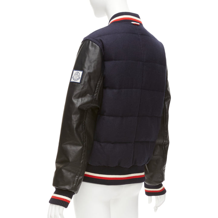 MONCLER GAMME BLEU navy wool leather sleeves goose down bomber jacket Sz2 M