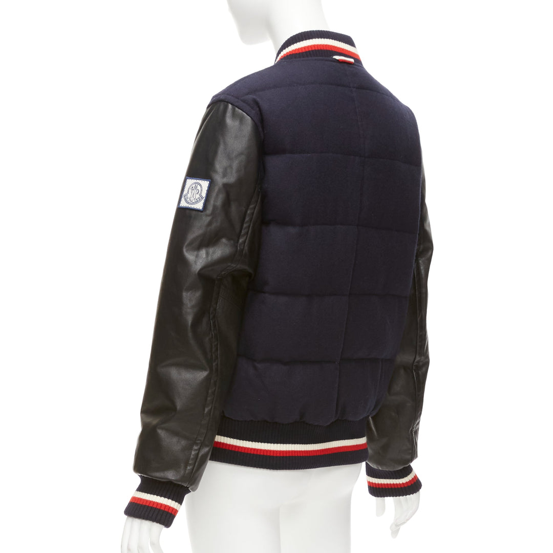 MONCLER GAMME BLEU navy wool leather sleeves goose down bomber jacket Sz2 M