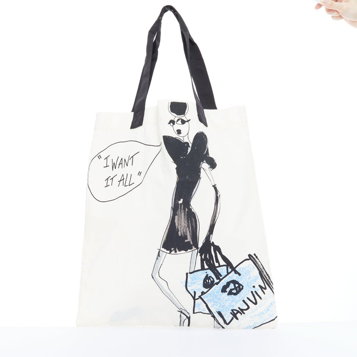 LANVIN I Want It All fashion sketch printed cotton canvas grosgrain tote bag