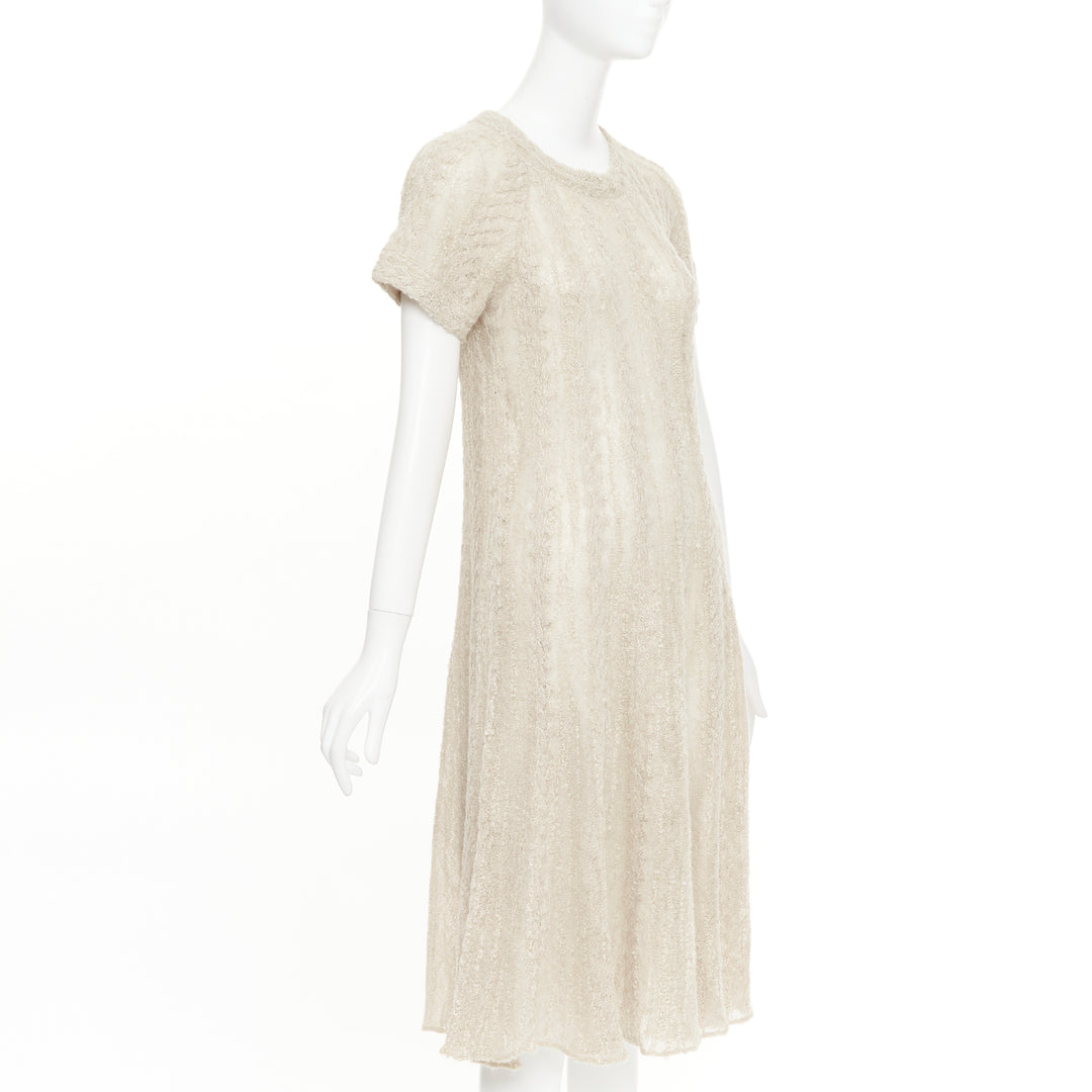 CHANEL cream beige alpaca blend textured knit CC short sleeve midi dress FR38 M