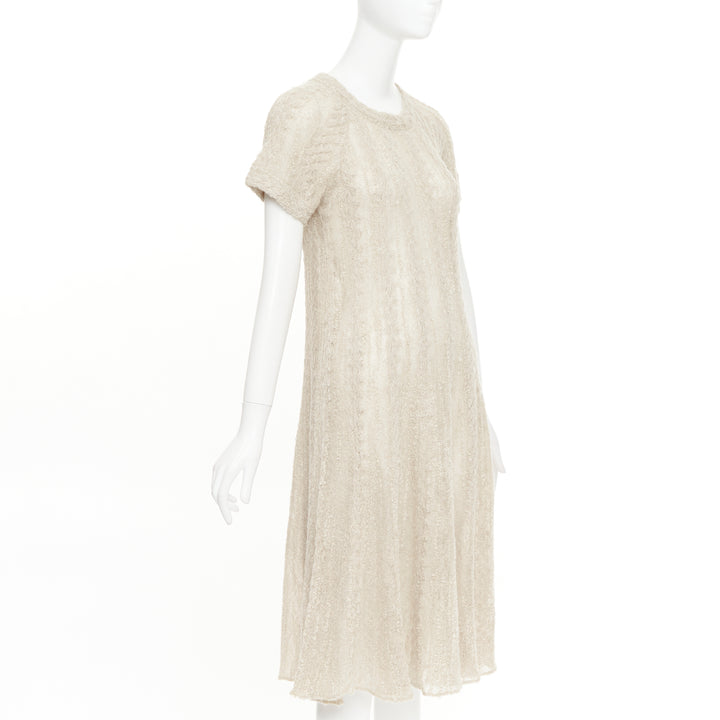 CHANEL cream beige alpaca blend textured knit CC short sleeve midi dress FR38 M