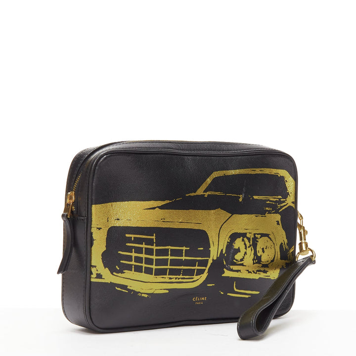 OLD CELINE Mustang Vintage Car print black leather gold foil wristlet clutch bag