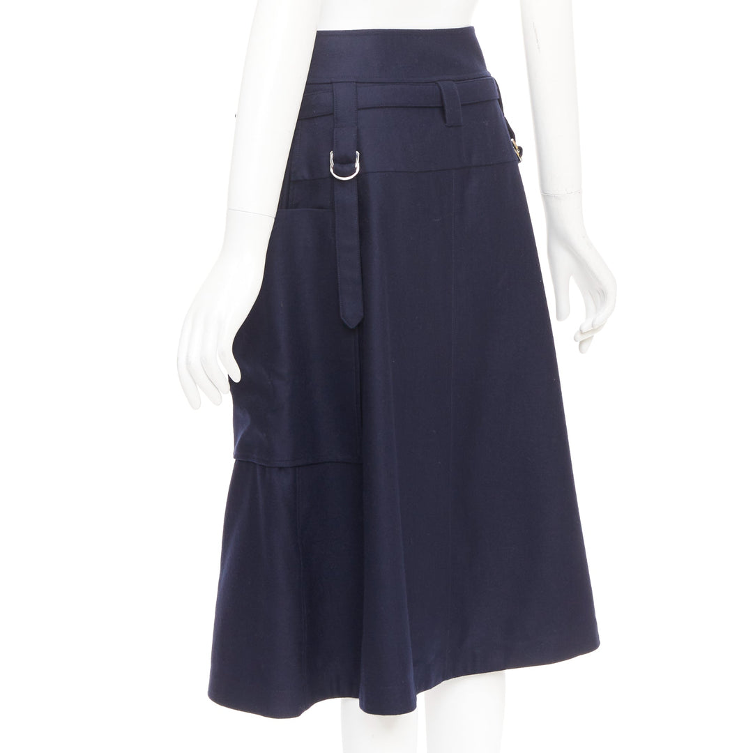 HERMES navy flanelle de laine legere buckle belt button front midi skirt FR36 S