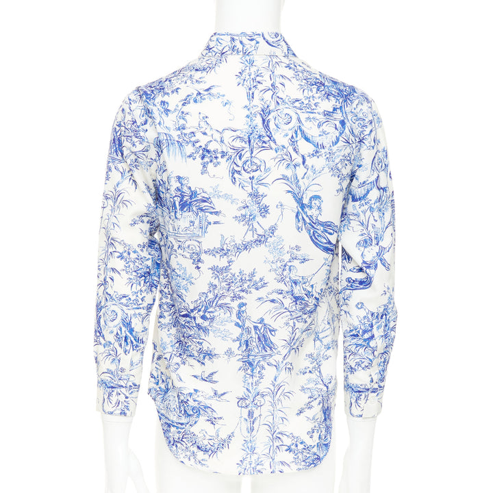 DIOR HOMME 2020 Toile De Jouy 100% silk white blue long sleeve shirt EU38 S