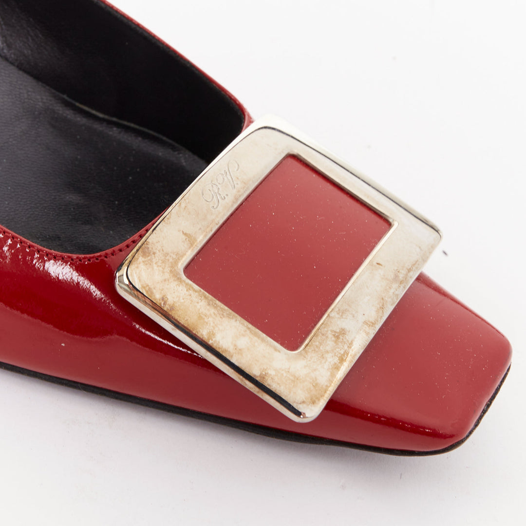 ROGER VIVIER Belle Vivier red patent leather square buckles heel pumps EU36.5