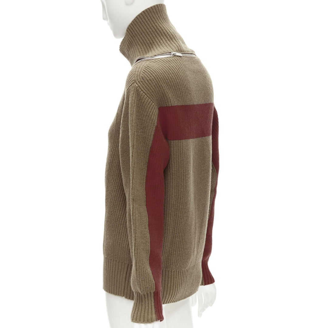 SACAI 2019 100% wool brown zip collar red striped back turtleneck sweater JP1 S