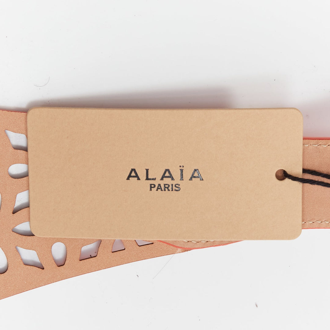 AZZEDINE ALAIA red laser cut leather laced corset waist belt 70cm