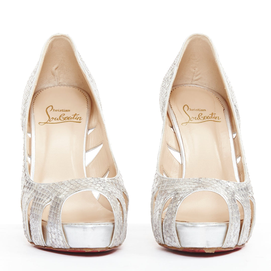 CHRISTIAN LOUBOUTIN Fontanete silver scaled leather cut out platforms EU37.5