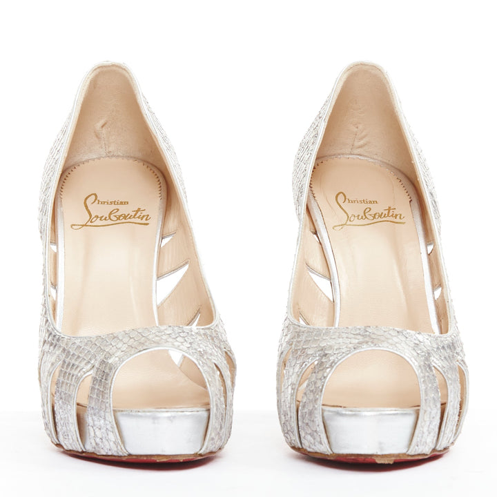 CHRISTIAN LOUBOUTIN Fontanete silver scaled leather cut out platforms EU37.5
