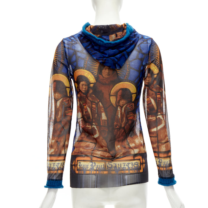 JEAN PAUL GAULTIER blue cathedral print gothic logo wool hooded top IT40 S