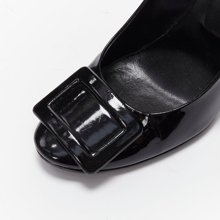 ROGER VIVIER Trompette black patent leather buckle curved heel pumps EU38