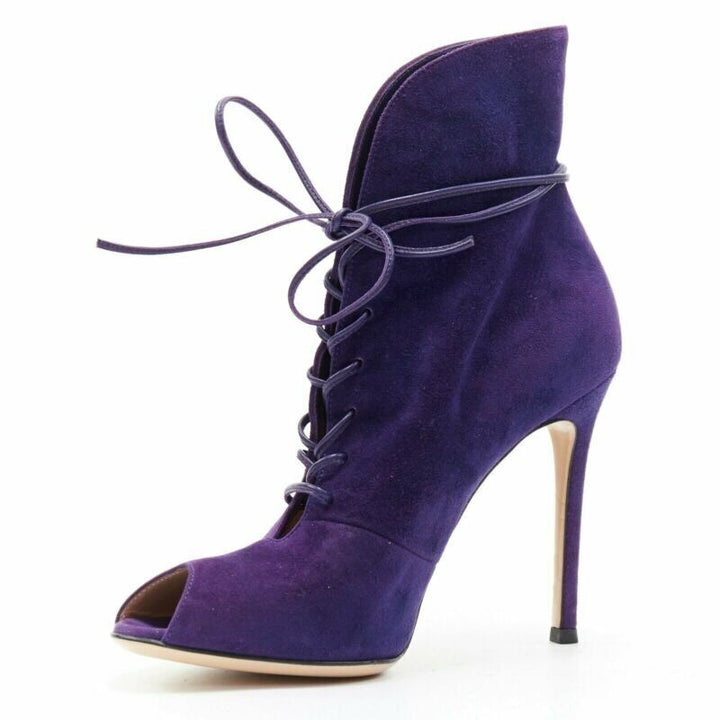 GIANVITO ROSSI purple suede lace up peep toe deep V vamp heel bootie EU36