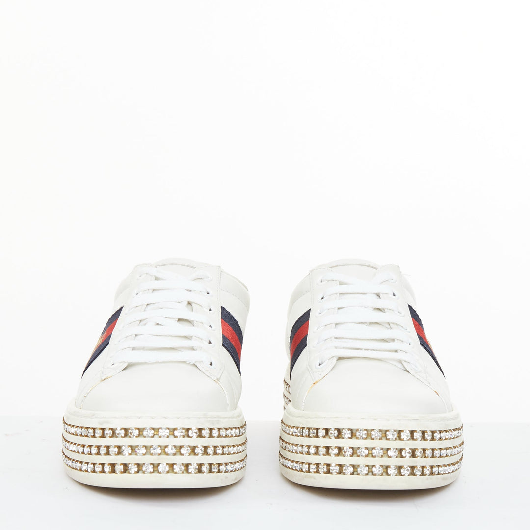 GUCCI 2018 New Ace Crystal Bee embroidered white leather platform sneakers EU38