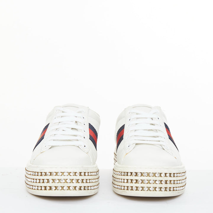 GUCCI 2018 New Ace Crystal Bee embroidered white leather platform sneakers EU38